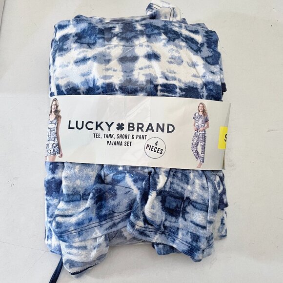 NEW Lucky Brand 4 Pc Pajama Set Tee Tank Shorts Pants NWT S 4-6 Blue Tie Dye - Picture 2 of 5